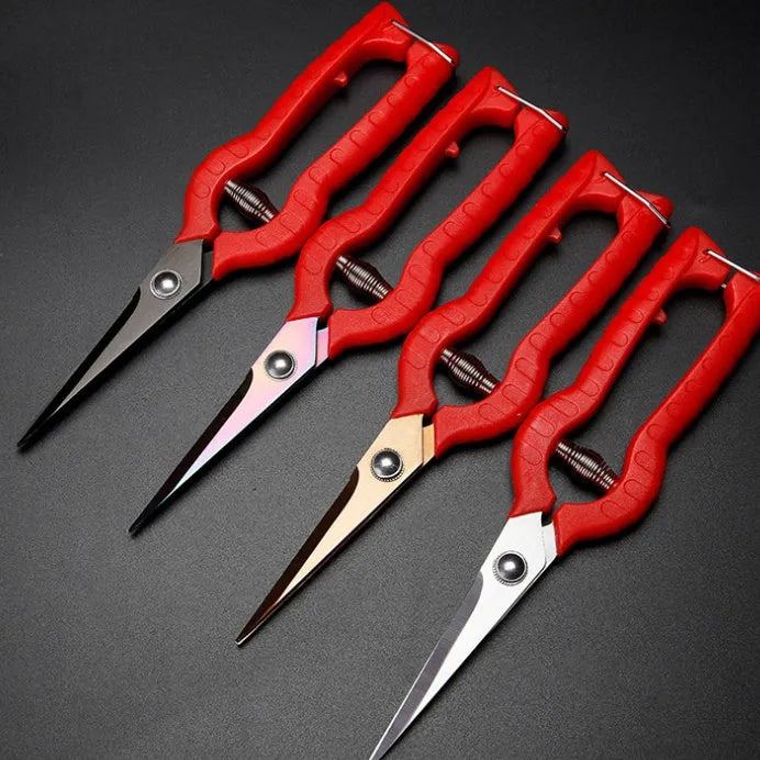 Straight bonsai gardening scissors with stainless steel blade and pink ABS plastic handle for thinning and fruit picking