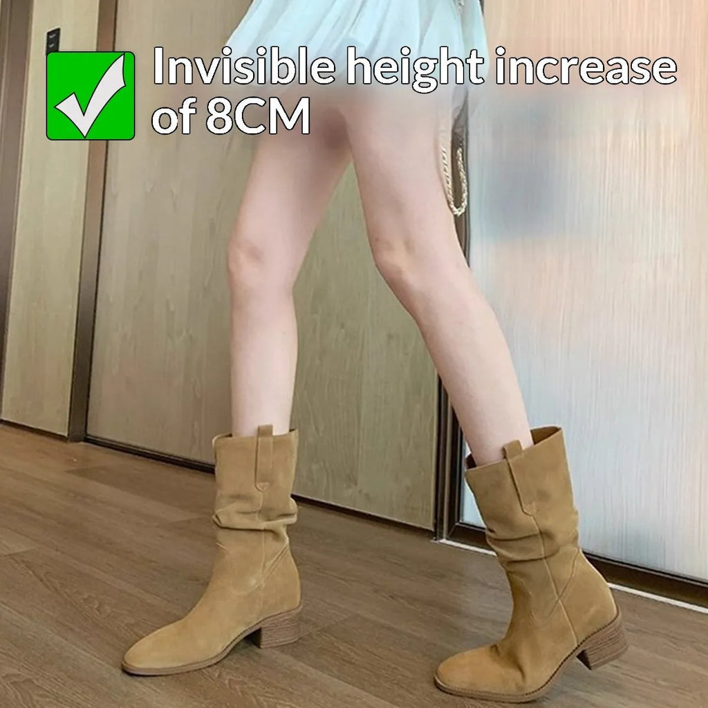 Women's 8cm chunky heel ankle boots in khaki with round toe, slip-on style, and high shaft design