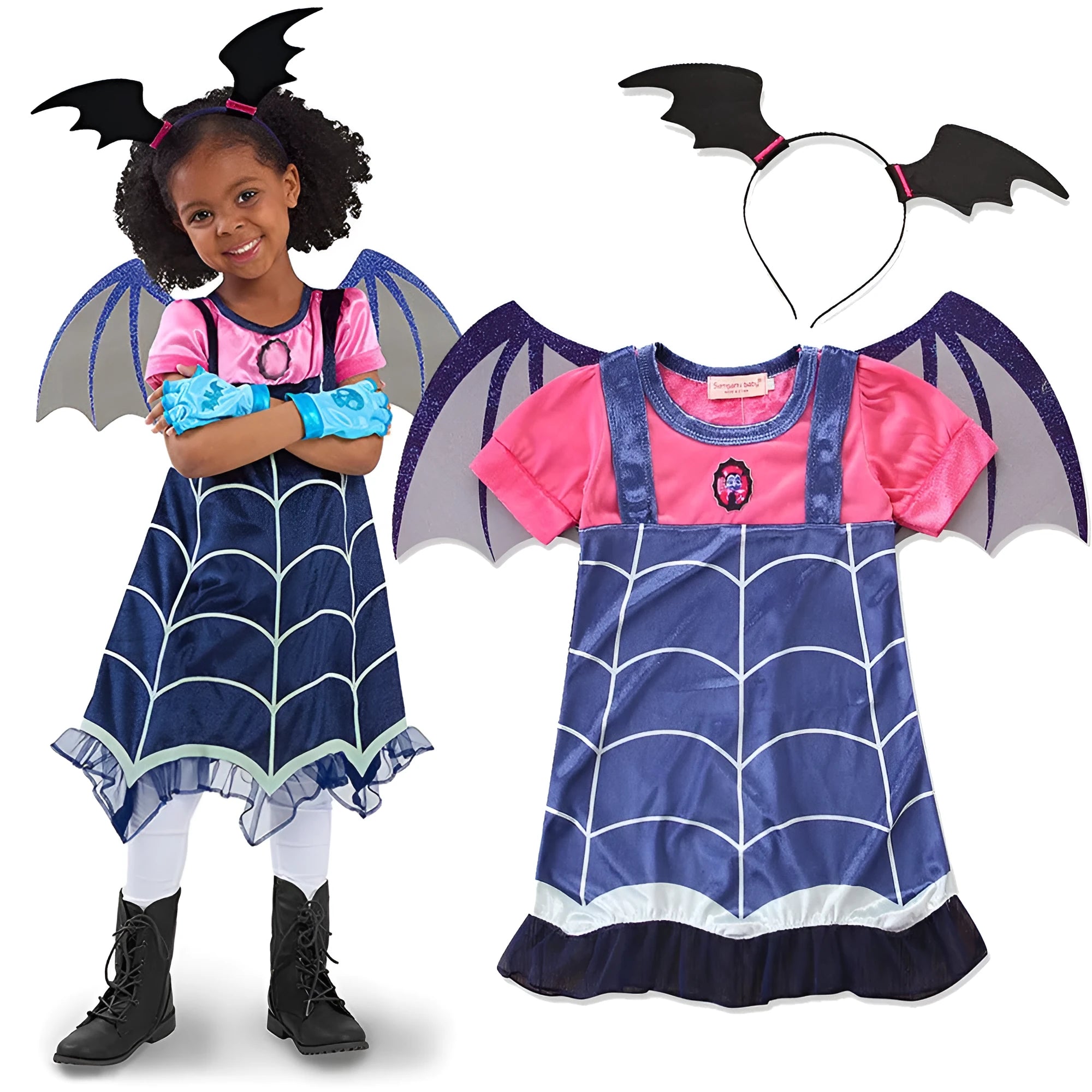 Blue cotton Halloween princess dress for infants aged 1-3 years with short sleeves
