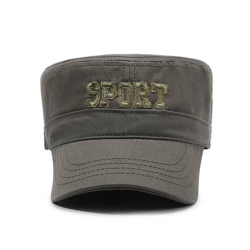 Men's adjustable flat-top peaked cotton cap in army green with English letter detailing on the front