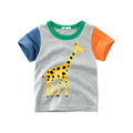 Boys' cotton T-shirt with animal print option, shown in sizes from 90cm to 140cm on a size chart.