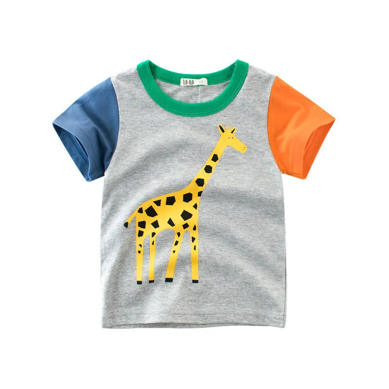 Boys' cotton T-shirt with animal print option, shown in sizes from 90cm to 140cm on a size chart.