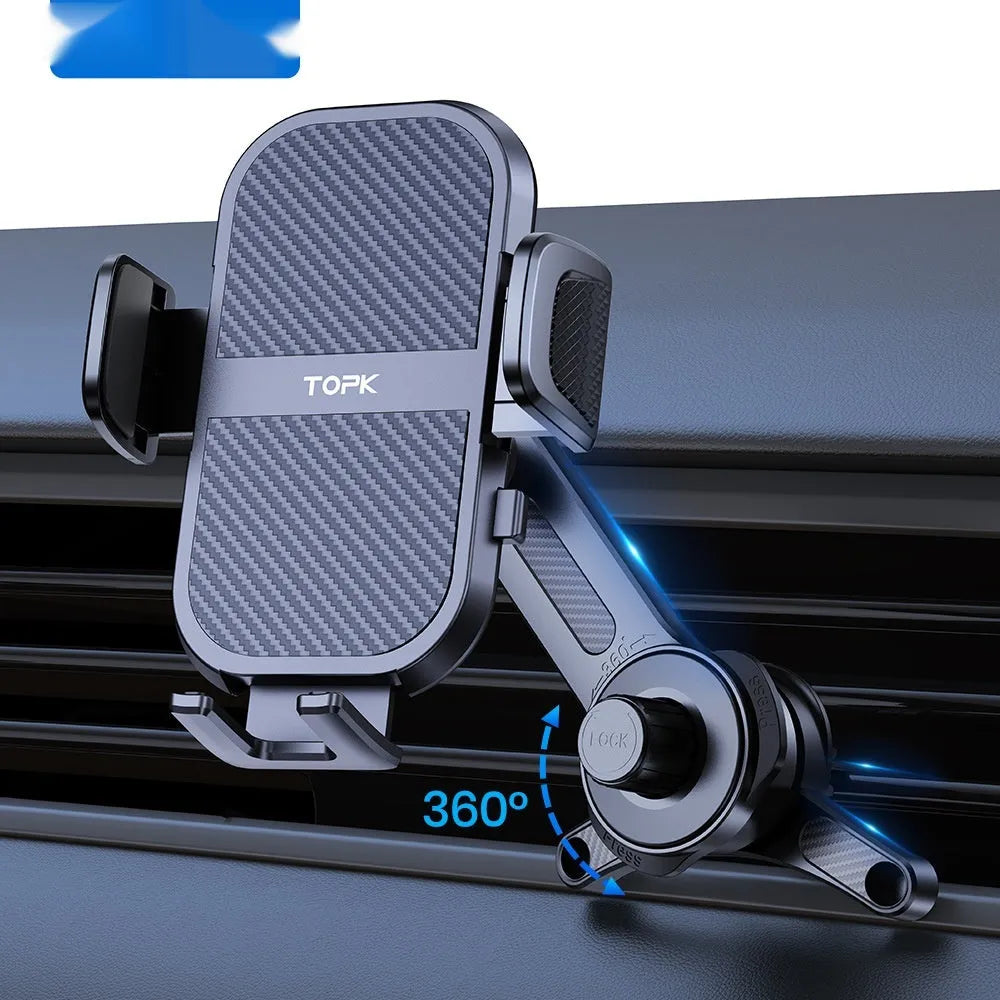 TOPKD46 car phone holder showing multiple bracket styles for dashboard, vent, and windshield installation