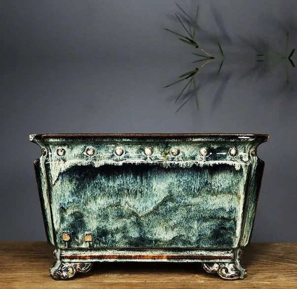 Large handmade ceramic flower pot with crackle glaze surface in dark, light mung bean or white, Chinese style