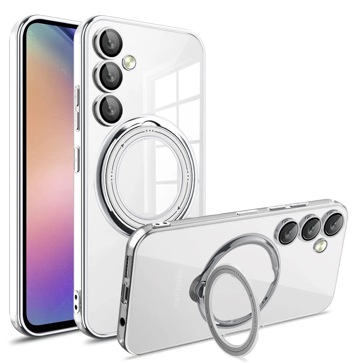 Electroplating transparent TPU phone case with magnetic suction and bracket for Samsung, black colour