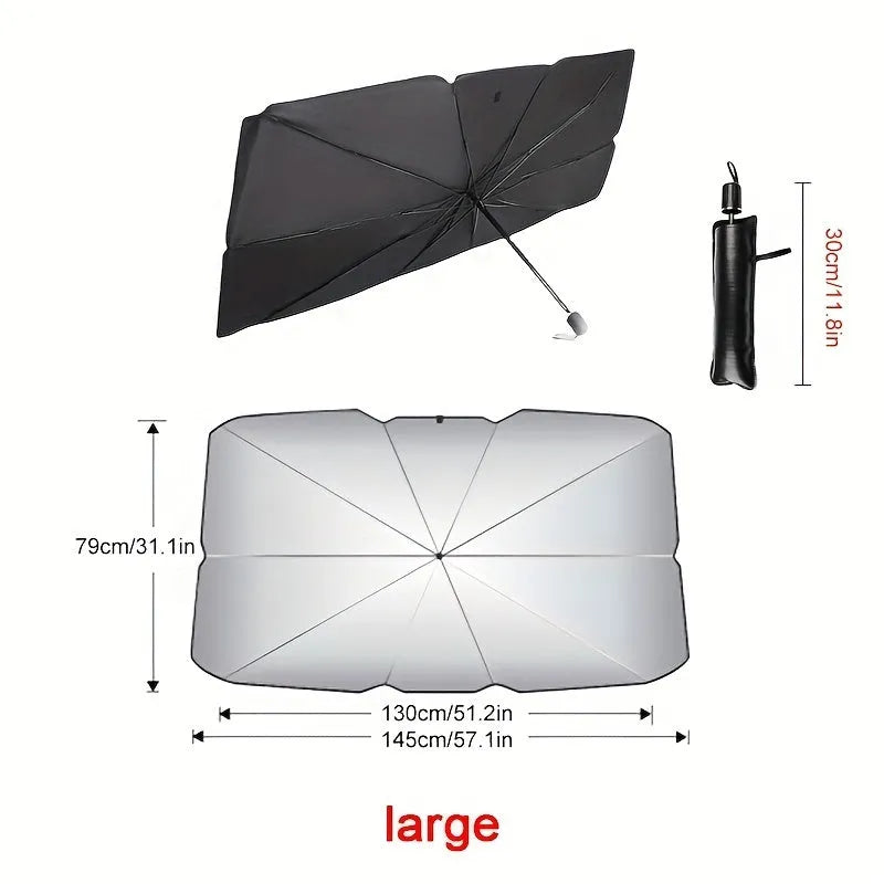 Foldable car windshield sunshade umbrella showing open and folded positions
