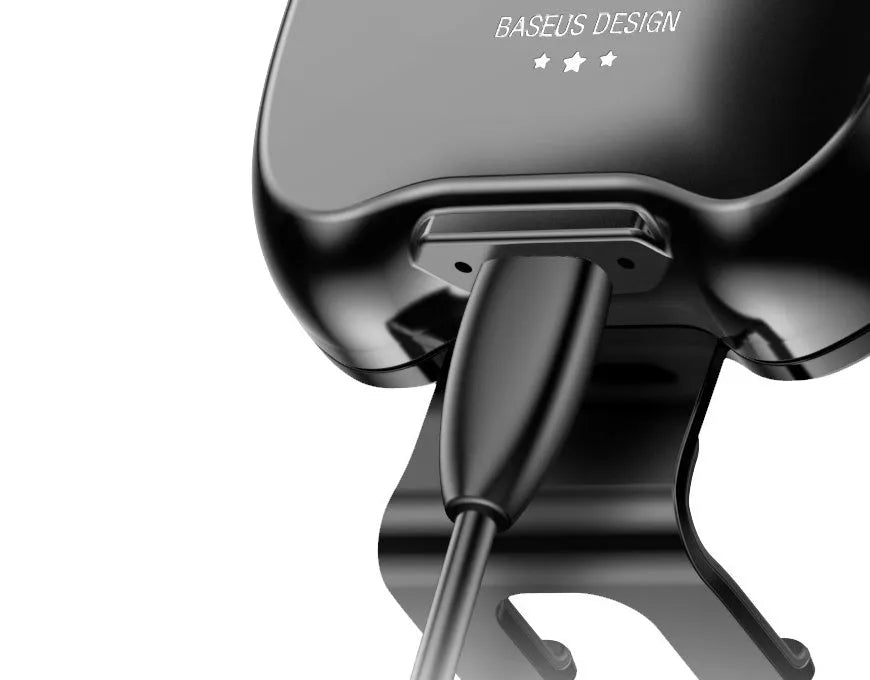 Black wireless charging car phone holder mounted on an air outlet vent for 4.0-6.5 inch mobiles with smart sensor bracket.