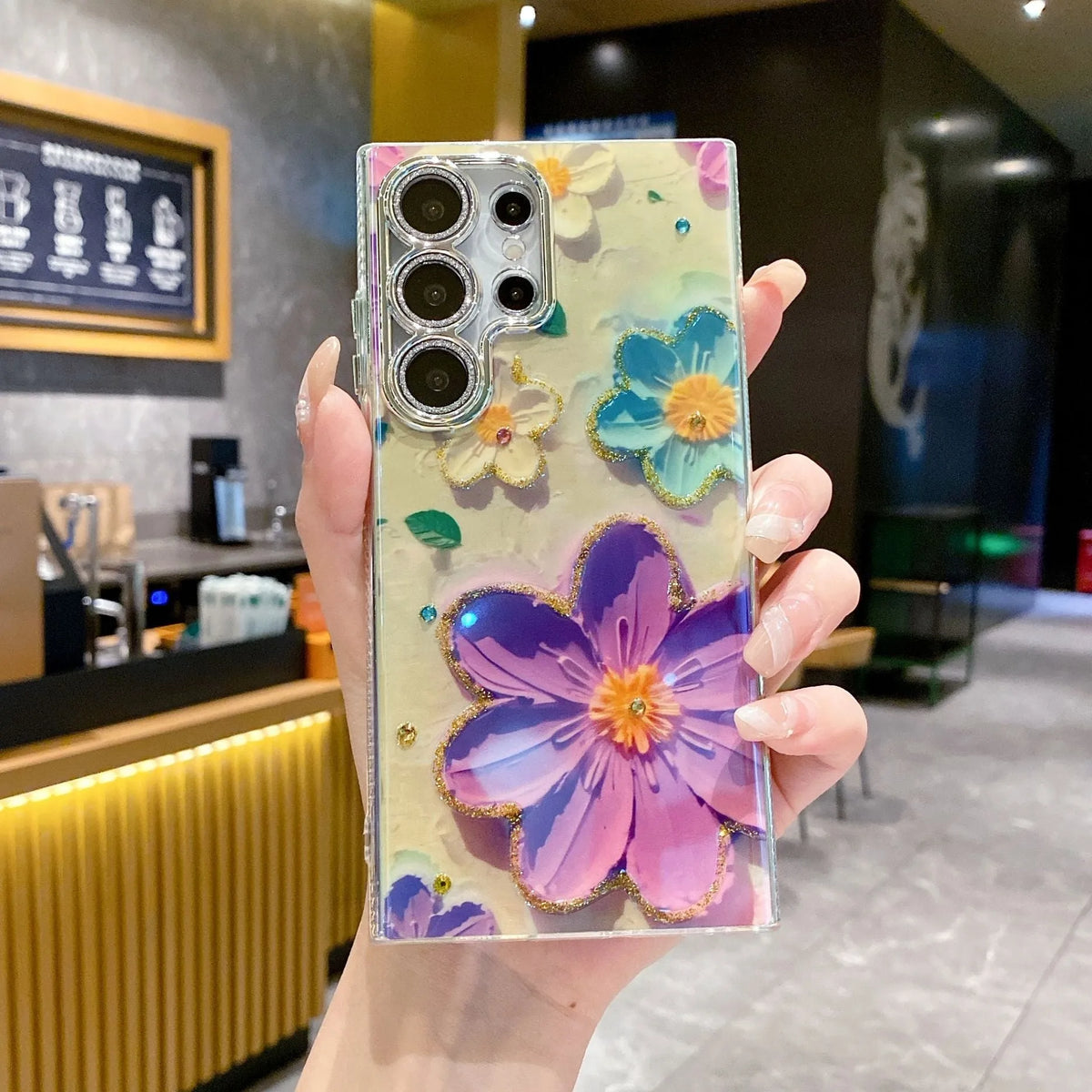 Rhinestone oil painting flower Samsung phone case, TPU acrylic anti-wear back cover with lens fine hole and electroplated finish