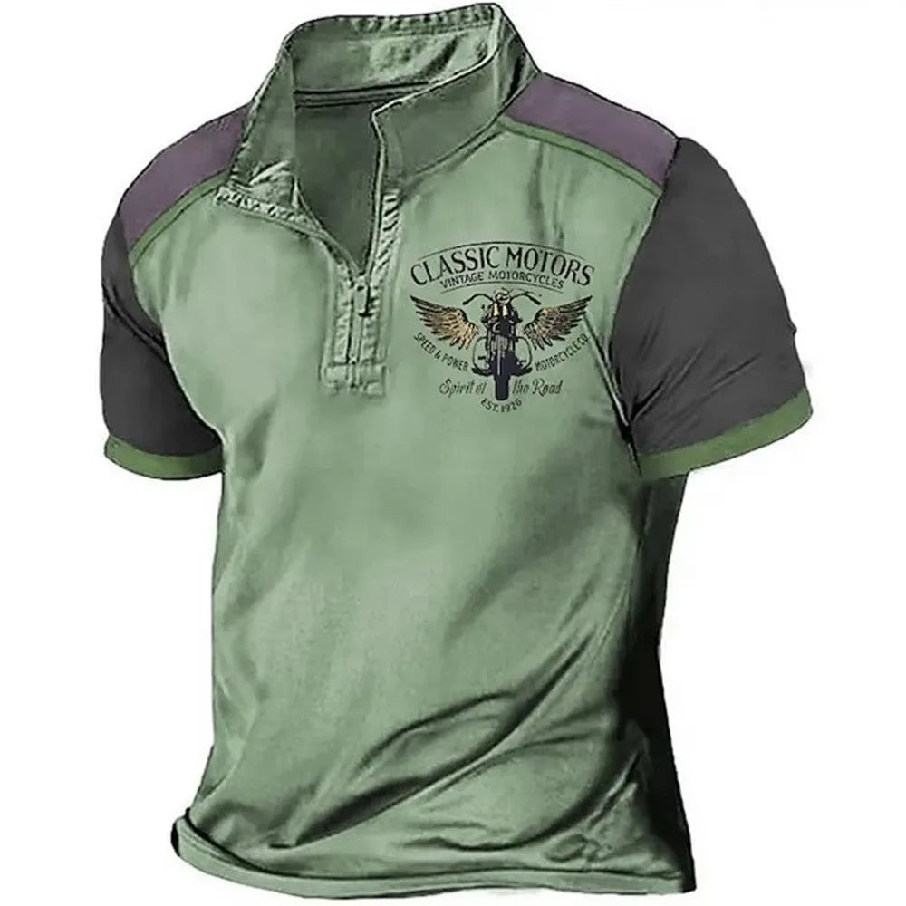 Loose fit solid colour golf polo shirt with 3D print, shown in available sizes.