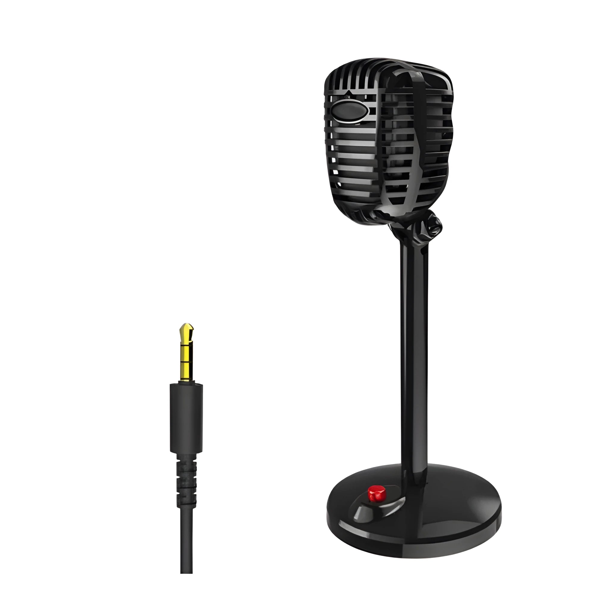 Black USB computer microphone on an adjustable stand with a foam windscreen and long cable.