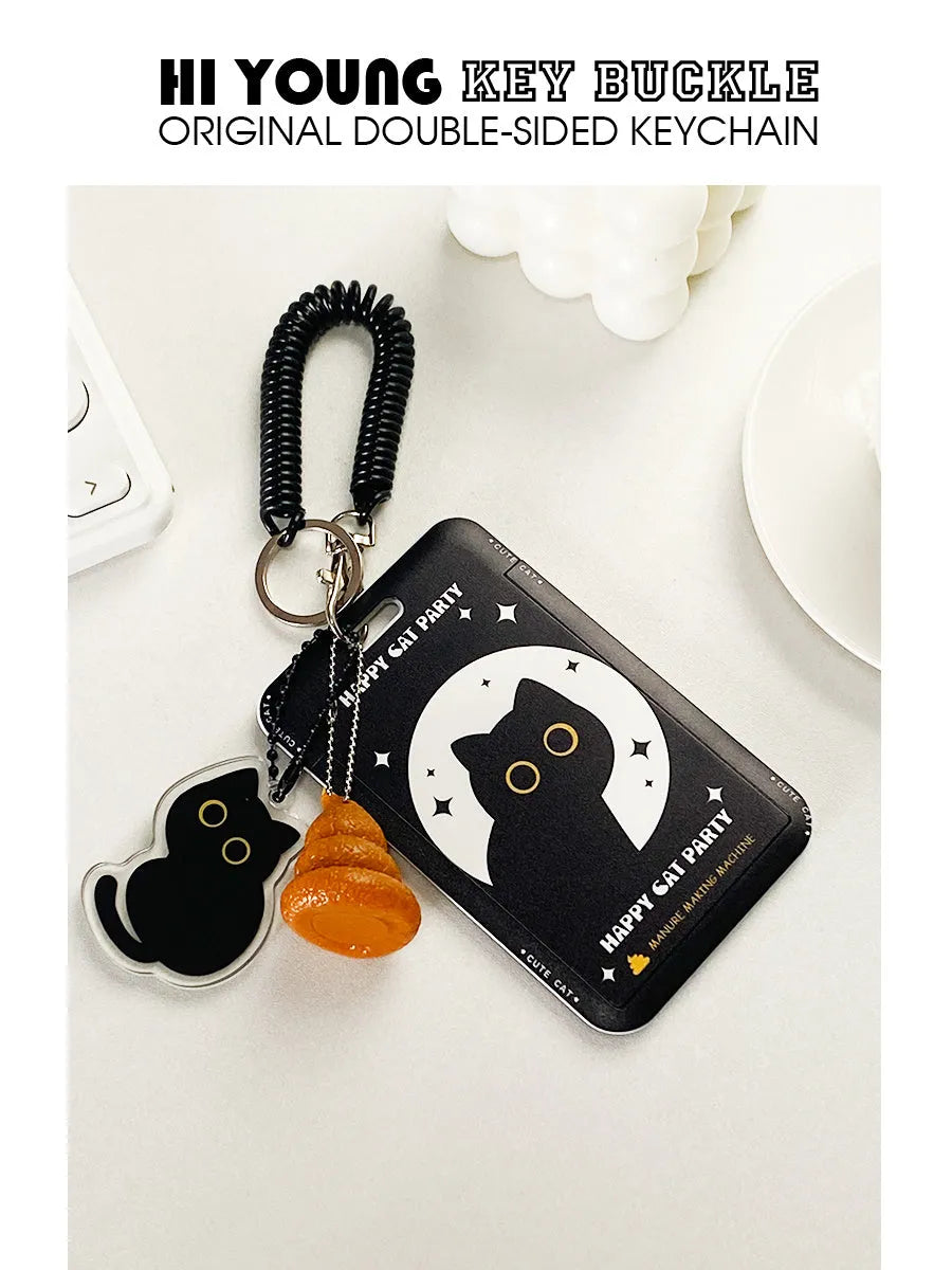 Cute little black cat cartoon design on a portable plastic card holder with ferrule pendant.