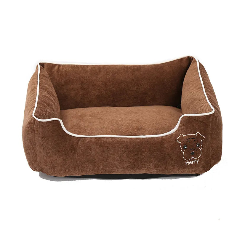 Foldable bite resistant corduroy dog kennel in coffee colour with removable mat, size