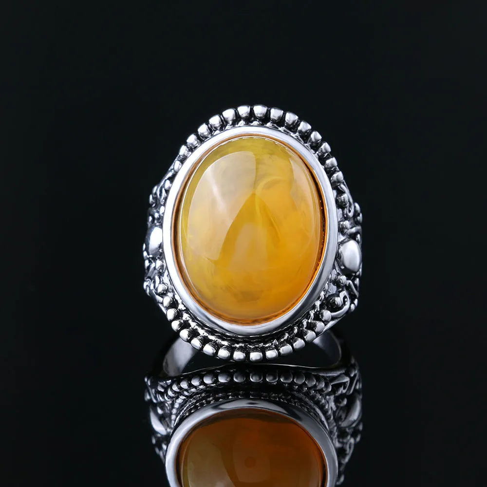 Geometric retro alloy ring with antique silver amber electroplating