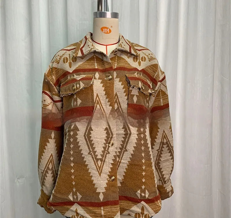 Women's retro woolen coat with Aztec print in Army Green, featuring loose fit and long sleeves