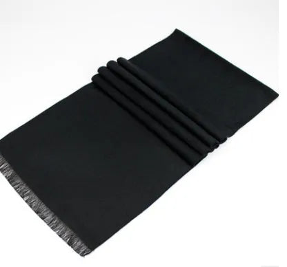 Men's brushed silk winter scarf in black, 180x30cm, lying flat showing texture