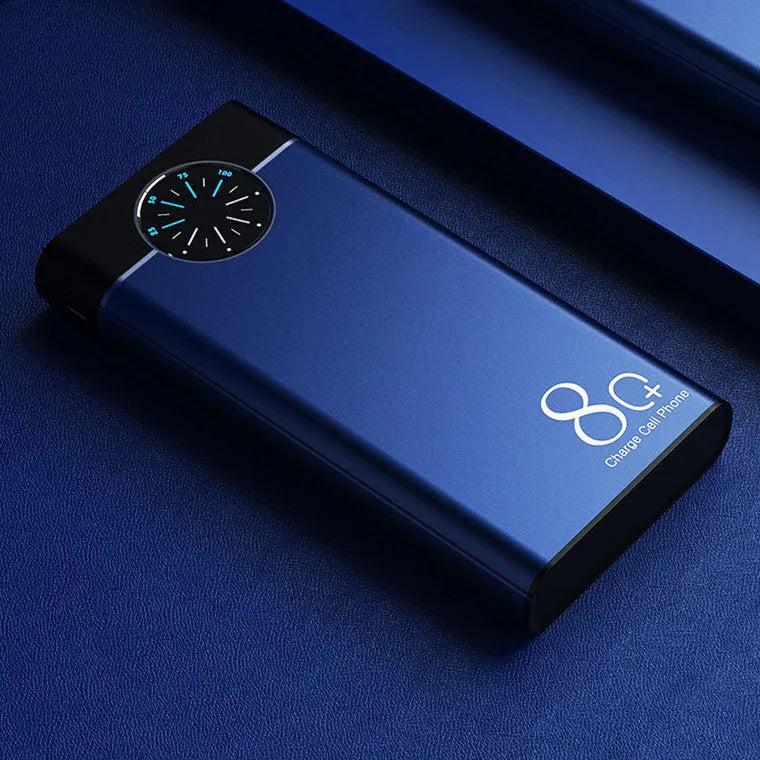 Black 20000mAh fast charging power bank with alloy shell and LED light
