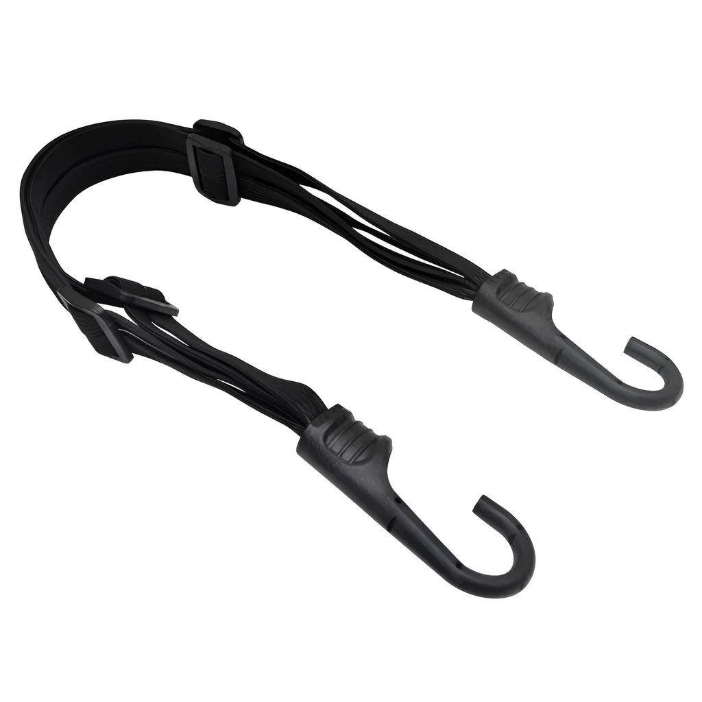 Black elastic motorcycle helmet strap with 2 hooks, 60cm relaxed length, stretching to 120cm