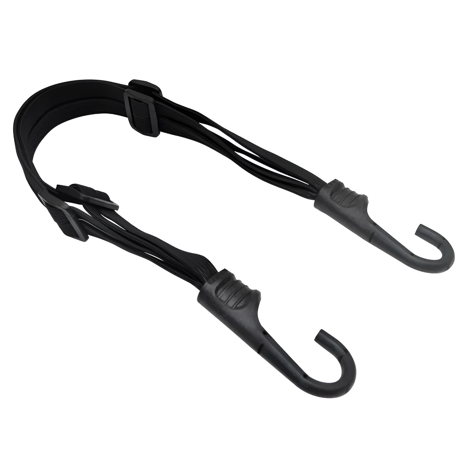 Black elastic motorcycle helmet strap with 2 hooks, 60cm relaxed length, stretching to 120cm