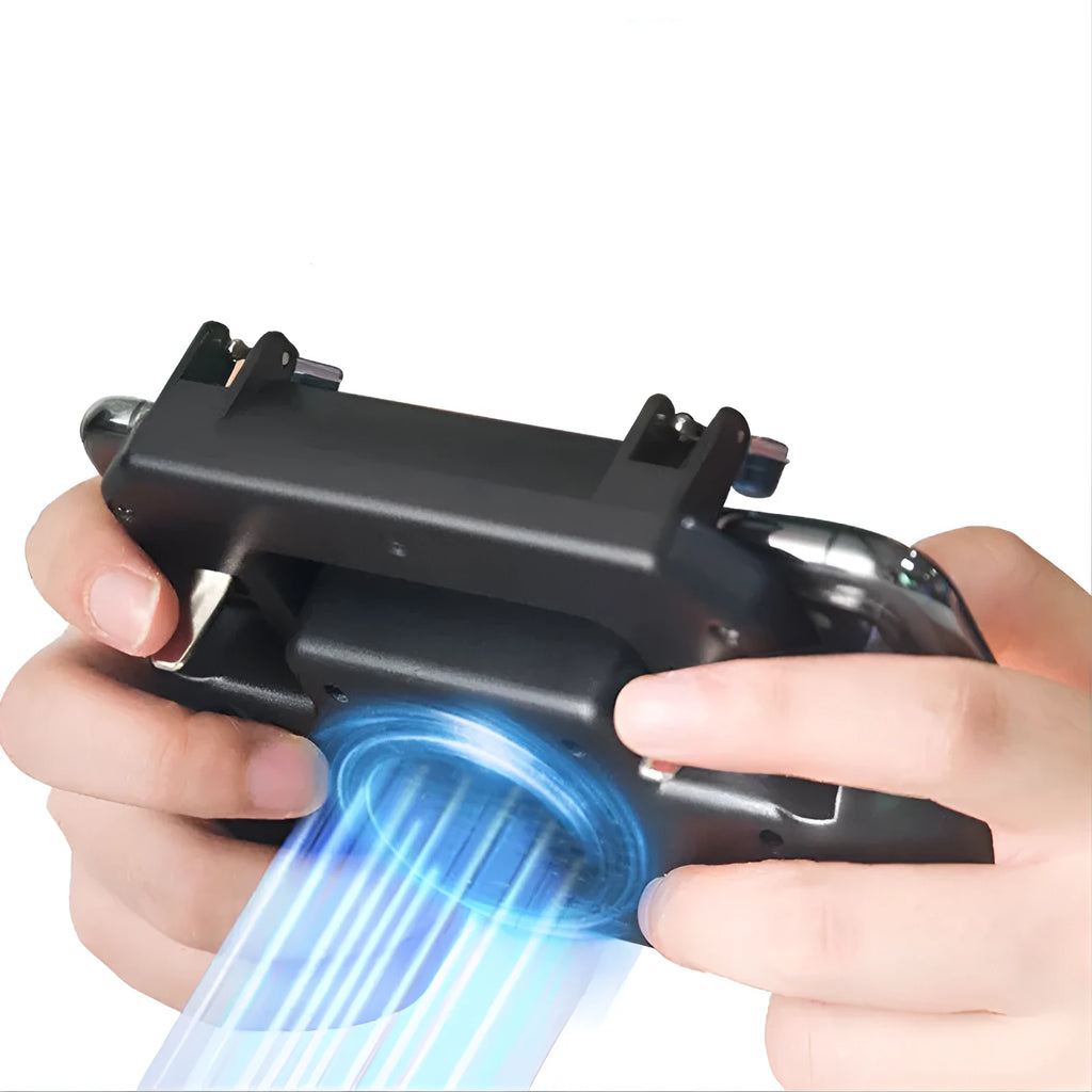 A black mobile game controller for smartphones with a USB connector, showing grip and shot buttons.