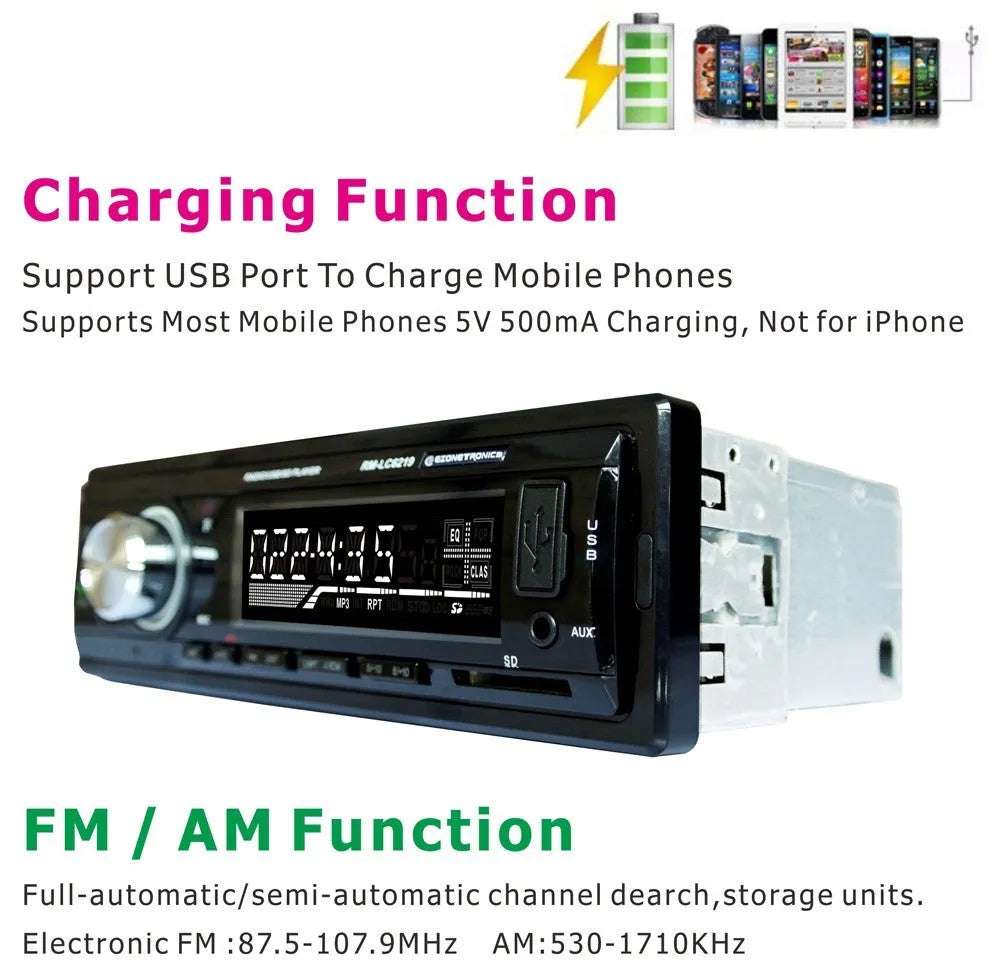 Car Bluetooth stereo receiver with front auxiliary input, USB and SD card slots on display