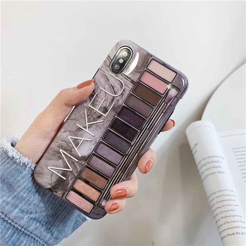 Silicone iPhone case with eye shadow cosmetic design in flesh or grey colour