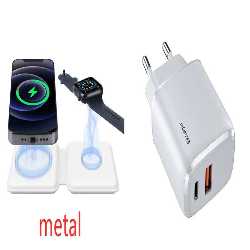 White foldable magnetic wireless charging dock in stand and flat modes