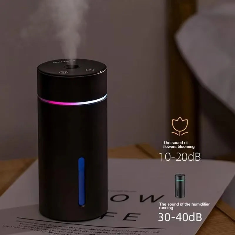 Black aluminium car humidifier with USB cable, 260ml capacity, and colourful night light