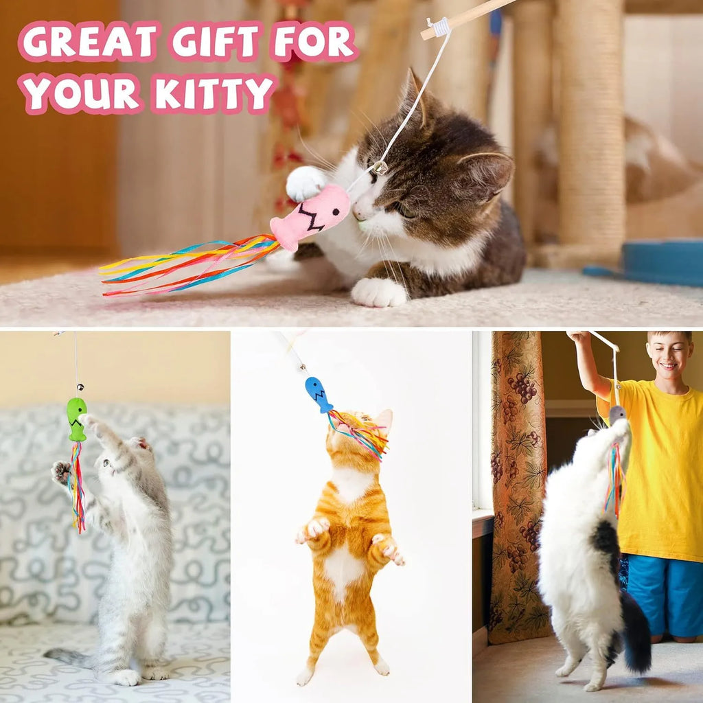 Cat wand toy with wooden handle, colourful ribbons, catnip fish, and bell for interactive play