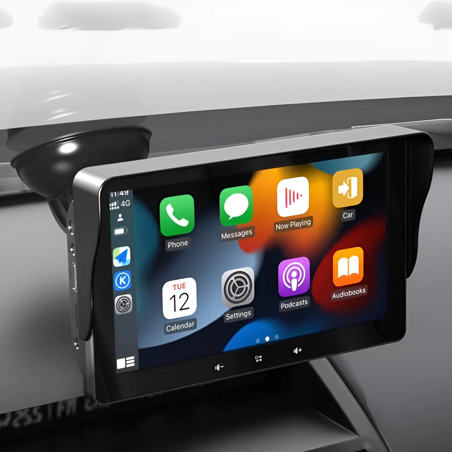 7 inch car wireless CarPlay display with suction cup mount and cigarette lighter power cable