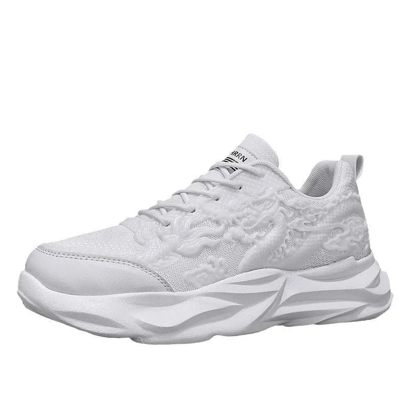 Men's casual fly knit sneakers in a Chinese dragon design with a rubber sole.