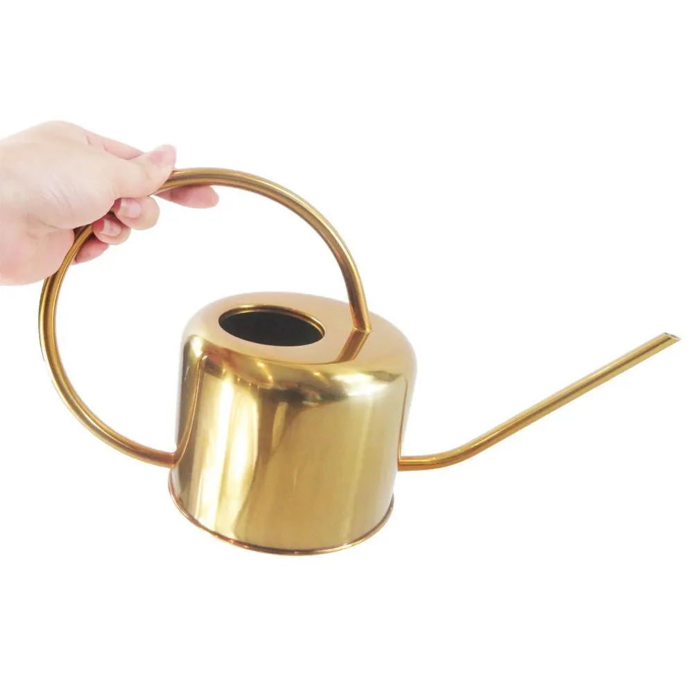 Stainless steel watering can with long spout showing black, gold, and silver colour options