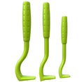 Three plastic tick removal clips in blue and green colours for pet grooming