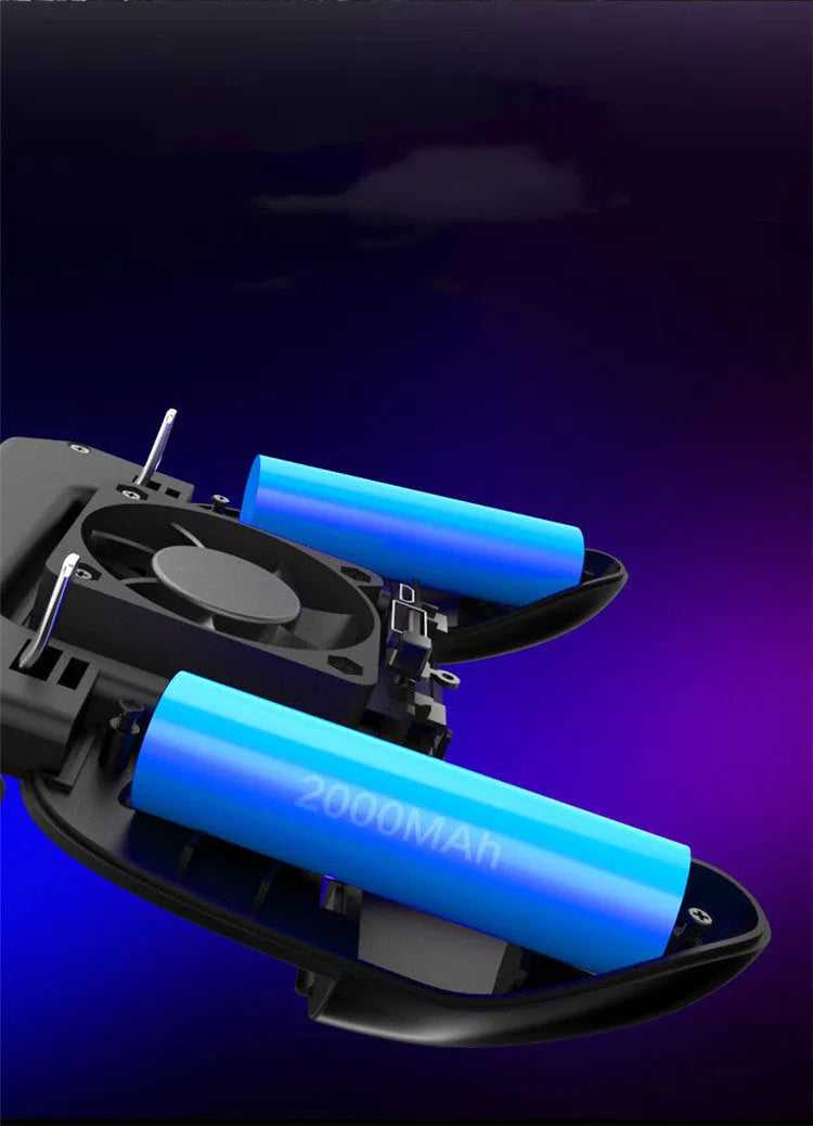 A black mobile game controller for smartphones with a USB connector, showing grip and shot buttons.