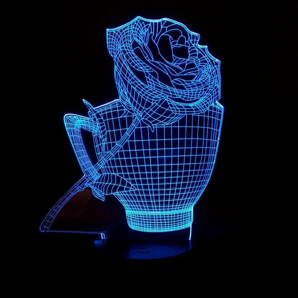 3D rose flower design night light showing colour change on acrylic panel with ABS base.