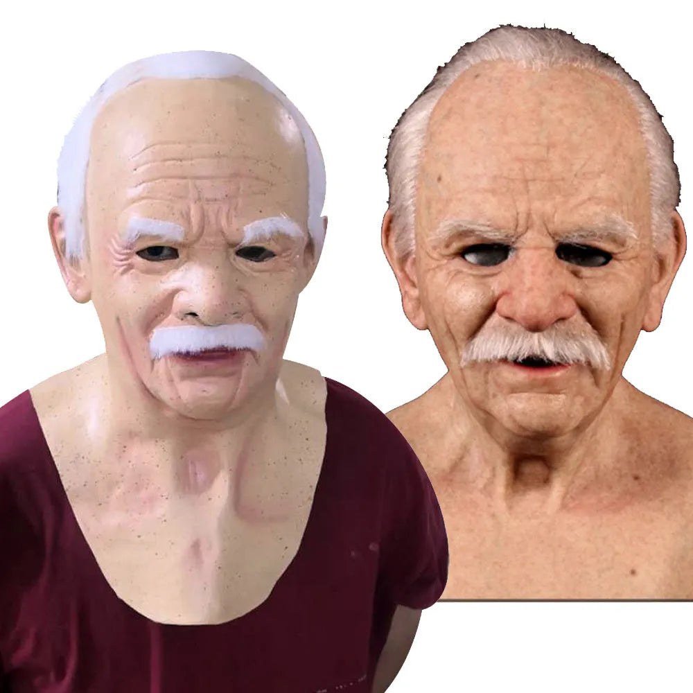 Latex old man mask with white hair and white beard for Halloween fancy dress