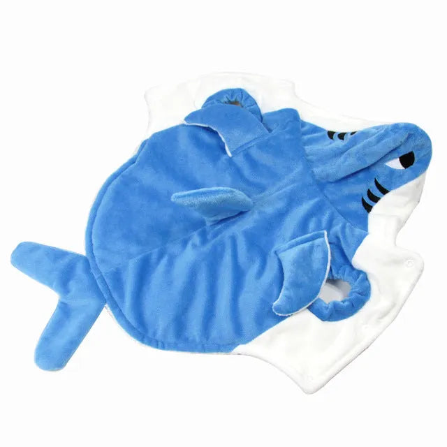 3D shark suit cosplay costume in blue or grey shearing fabric with embroidered eyes and zigzag-cut mouth