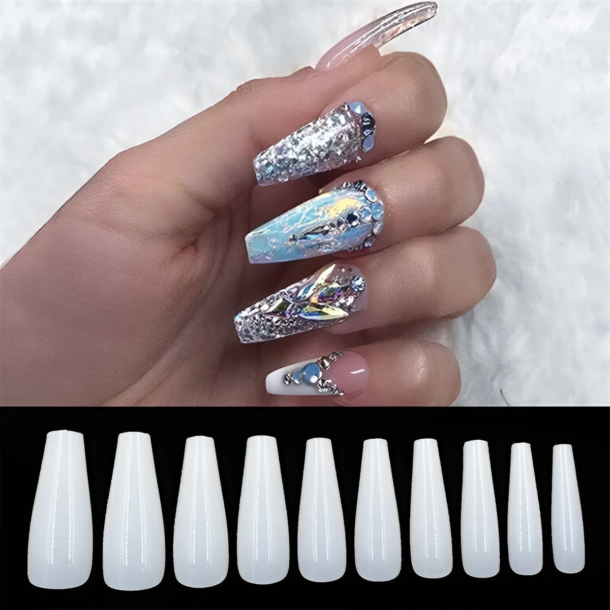 500 transparent natural ballet false nails in ABS material with 10 sizes on a light background