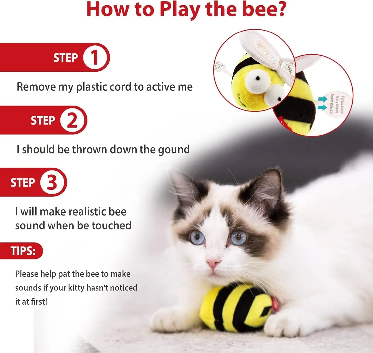 Yellow flannelette bee-shaped interactive cat toy with electronic squeaking mechanism