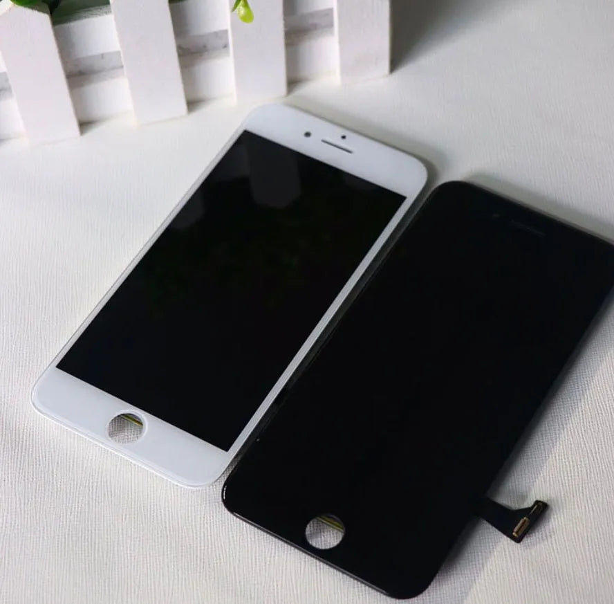 iPhone LCD screen replacement kit showing display, original cover, and disassembly tool
