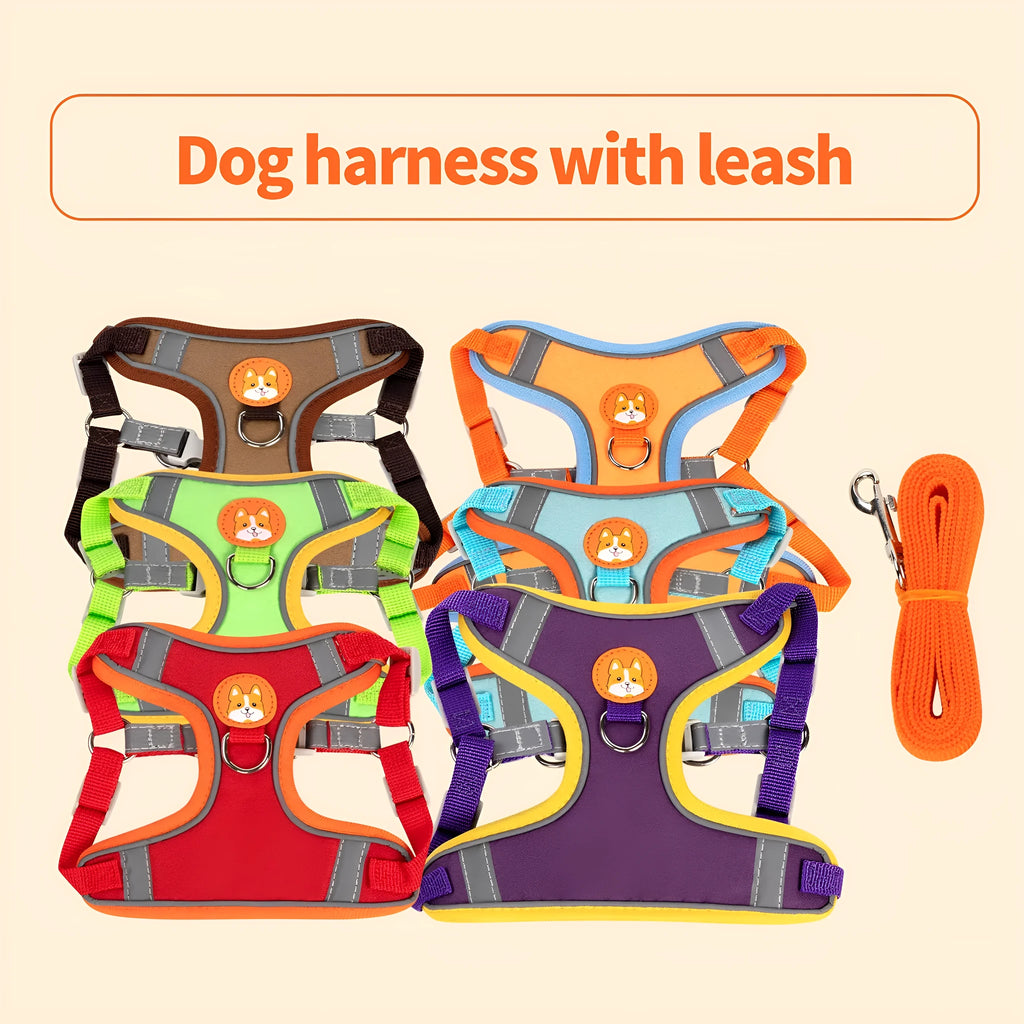 Adjustable dog haulage rope harness in multiple colours on a chest strap.