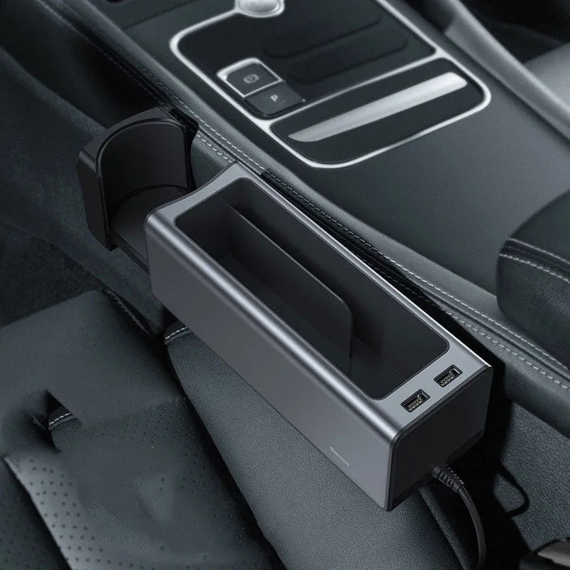 Baseus Zhizhen Metal Armrest Box Storage Box in black and silver with 5V/2A input for car seat armrest