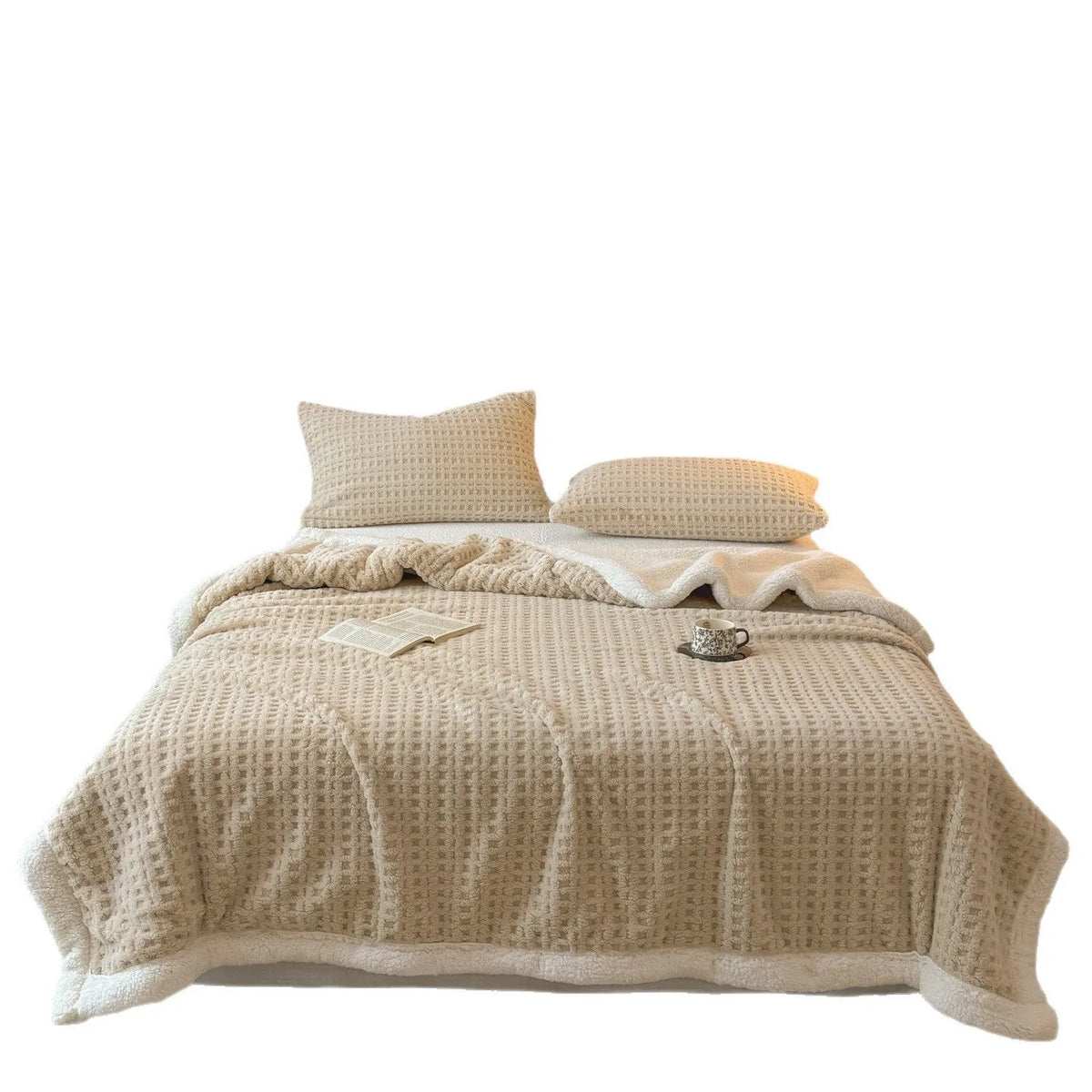 Waffle jacquard double-sided thickened polyester blanket in beige, dark gray, fog blue, fruit green, khaki, light pink, smoky gray