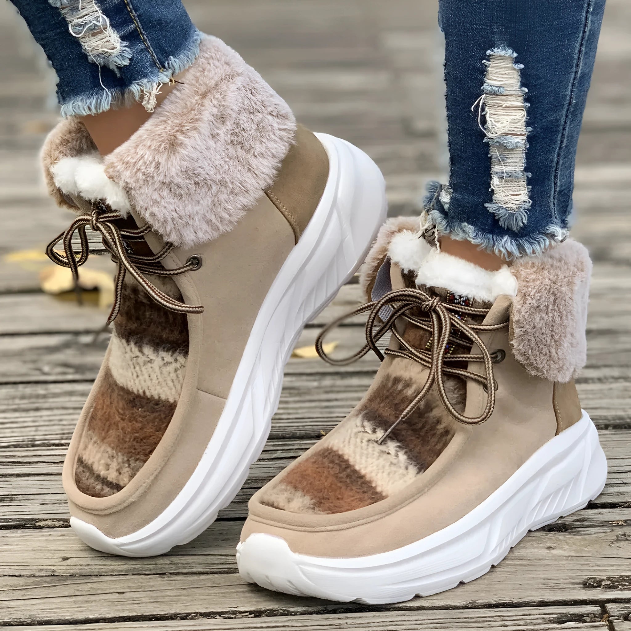Women's beige suede snow boots with lace-up front and thick rubber sole