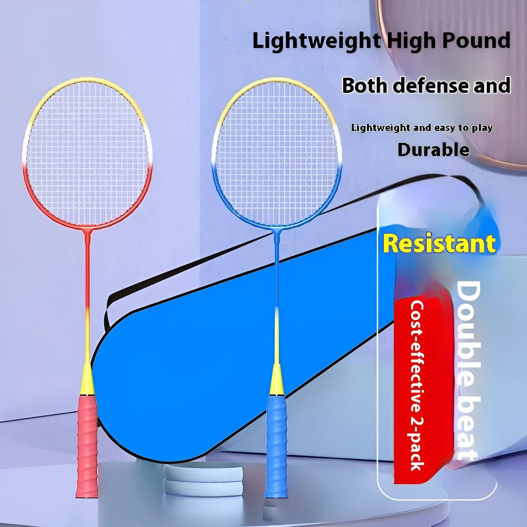A pair of blue and red alloy ultra-light split badminton rackets laid flat.