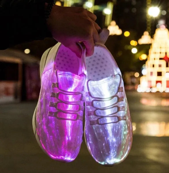 Unisex fiber optic LED shoes with USB rechargeable glowing lights, fly woven cloth upper, EVA sole, casual loafers in black