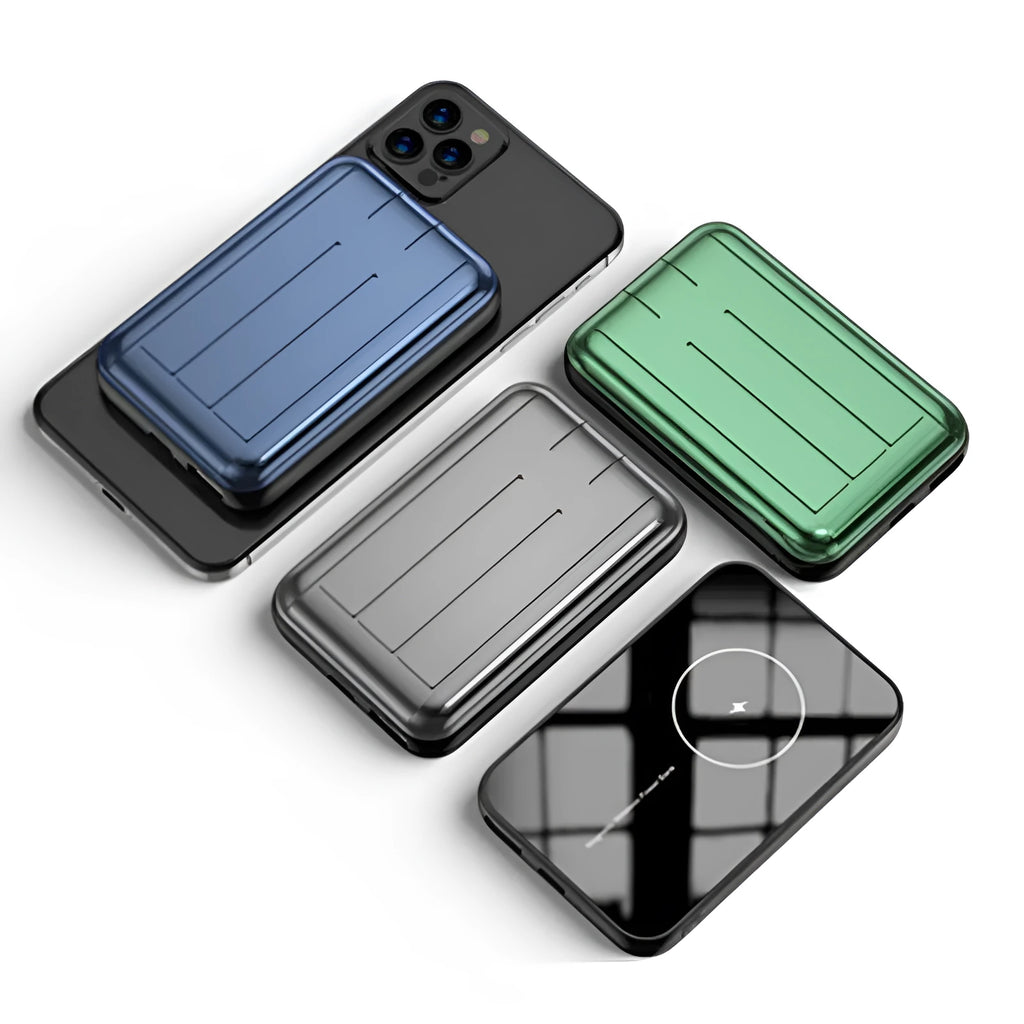 Blue magnetic wireless power bank showing 15W charging and 5000mAh capacity with dimensions 98x64x16mm