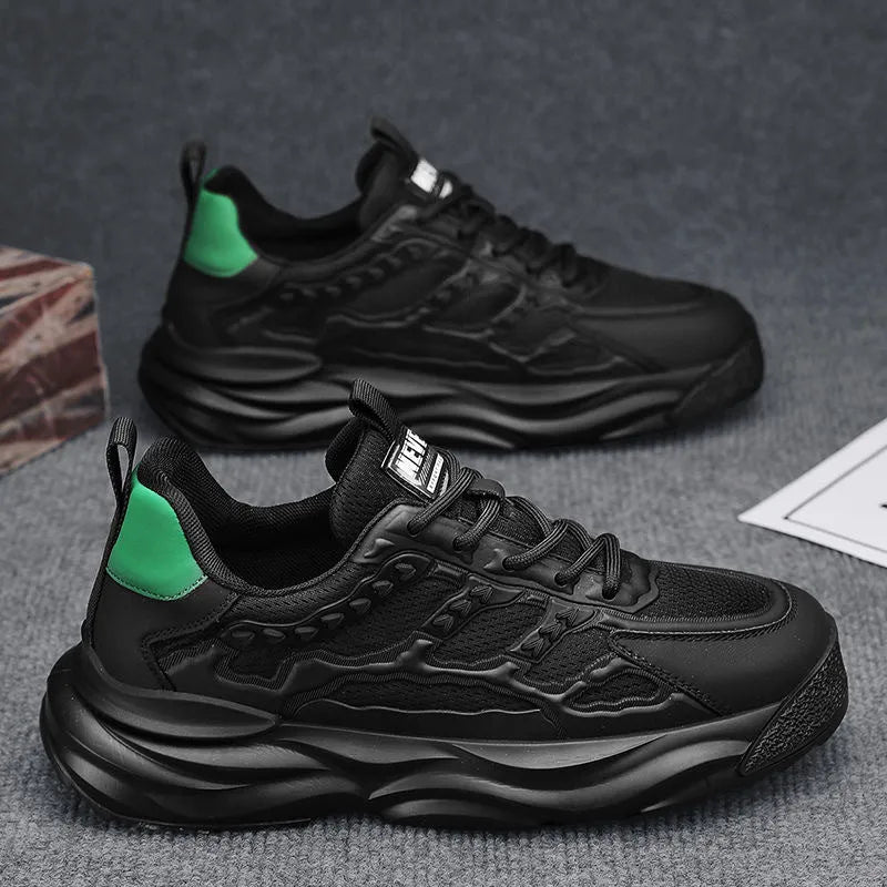 Men's breathable mesh trainers in solid white or black with round toe and PU upper for casual leisure wear