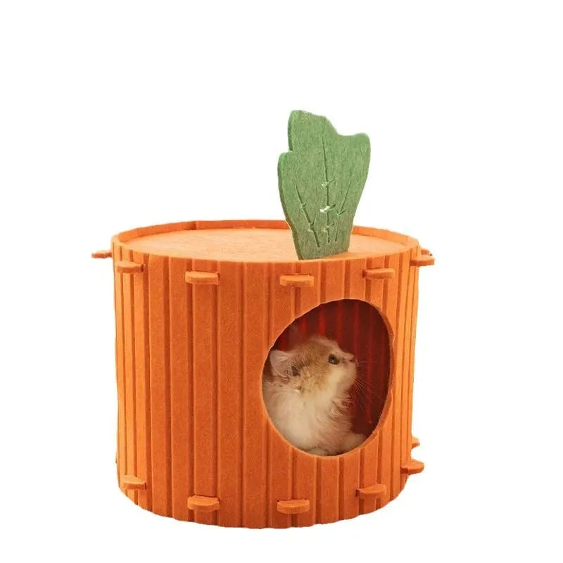 A soft grey felt cat tunnel nest with a round entrance, shown in two different sizes.