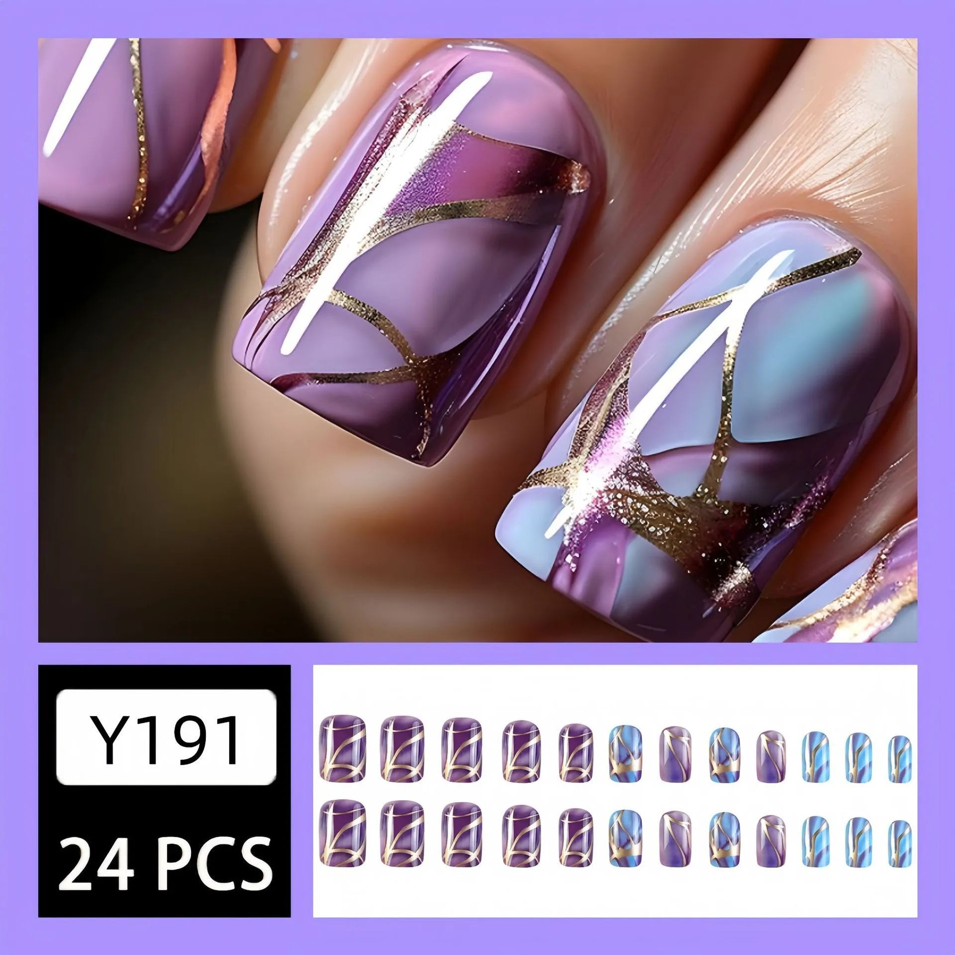Purple striped nail stickers medium length European style with jelly glue adhesive