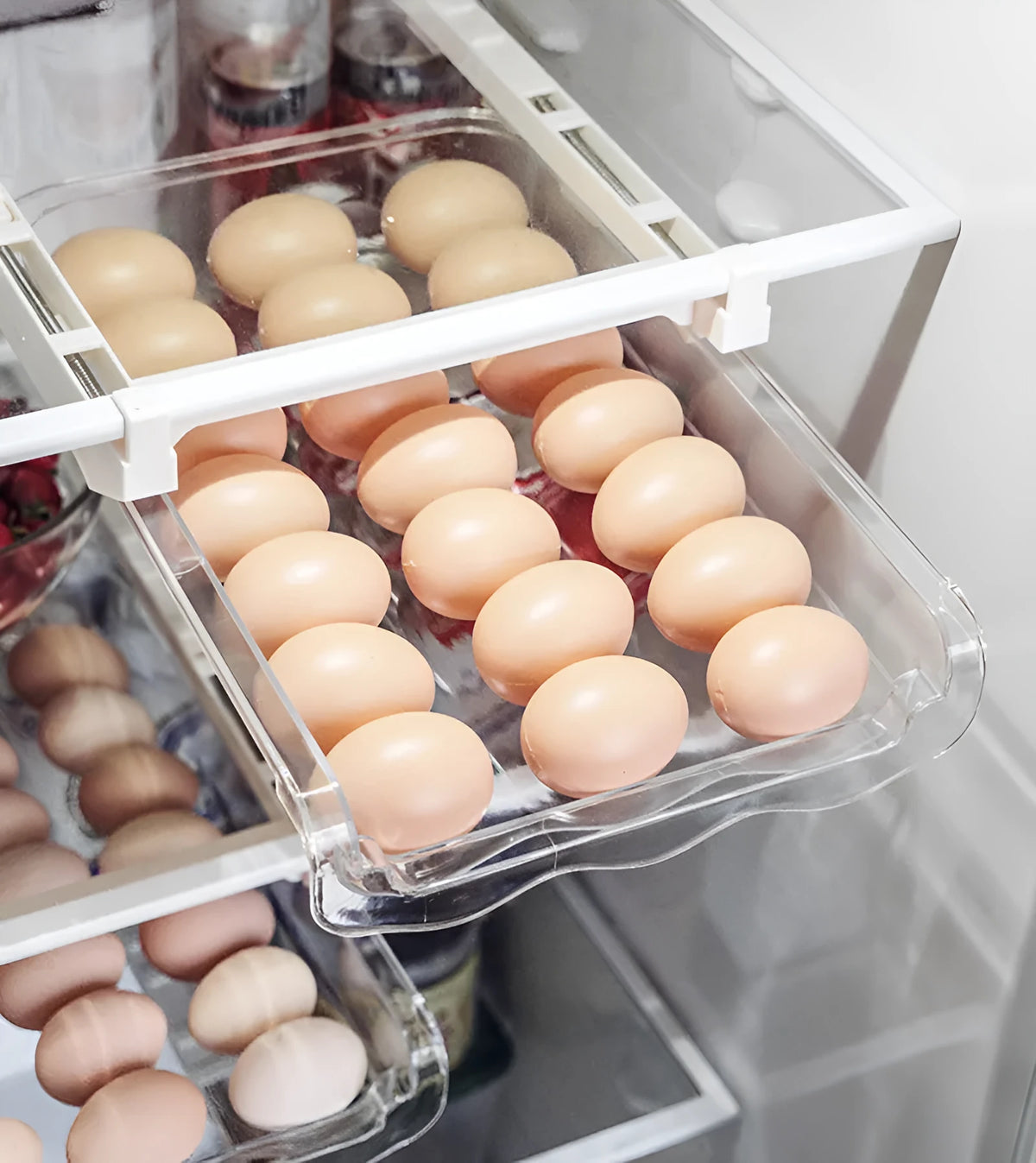 Transparent plastic adjustable fridge storage rack with stackable egg tray and fruit and vegetable compartments